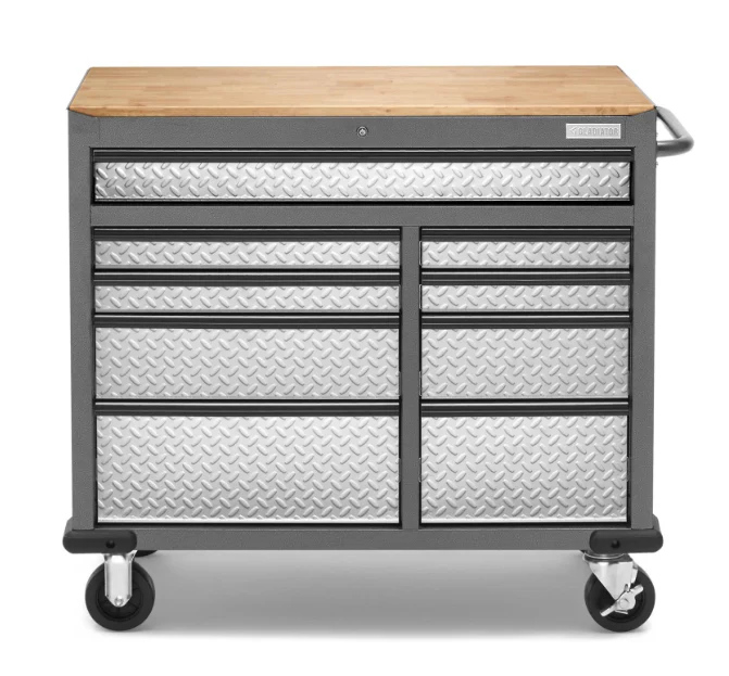 Gladiator 41-Inch 9-Drawer Mobile Tool Workbench with Solid Wood Top