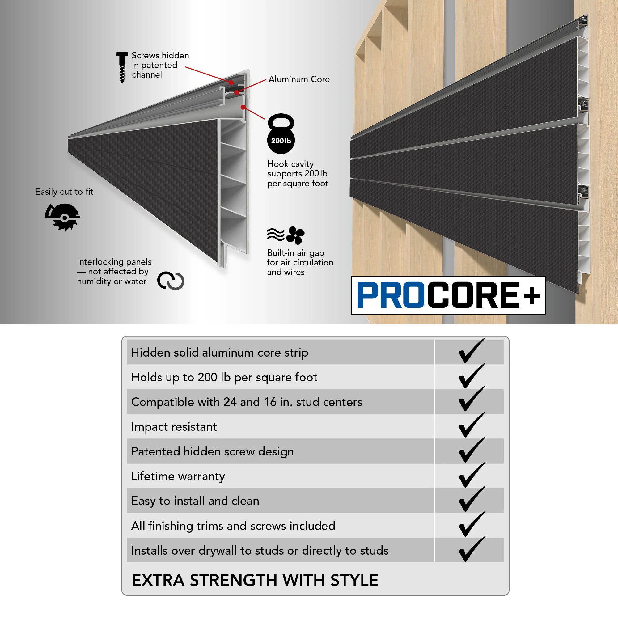 Proslat 8 ft. x 4 ft. PROCORE+ Carbon Fiber PVC Slatwall - 2 Pack 64 sq ft - Image 8