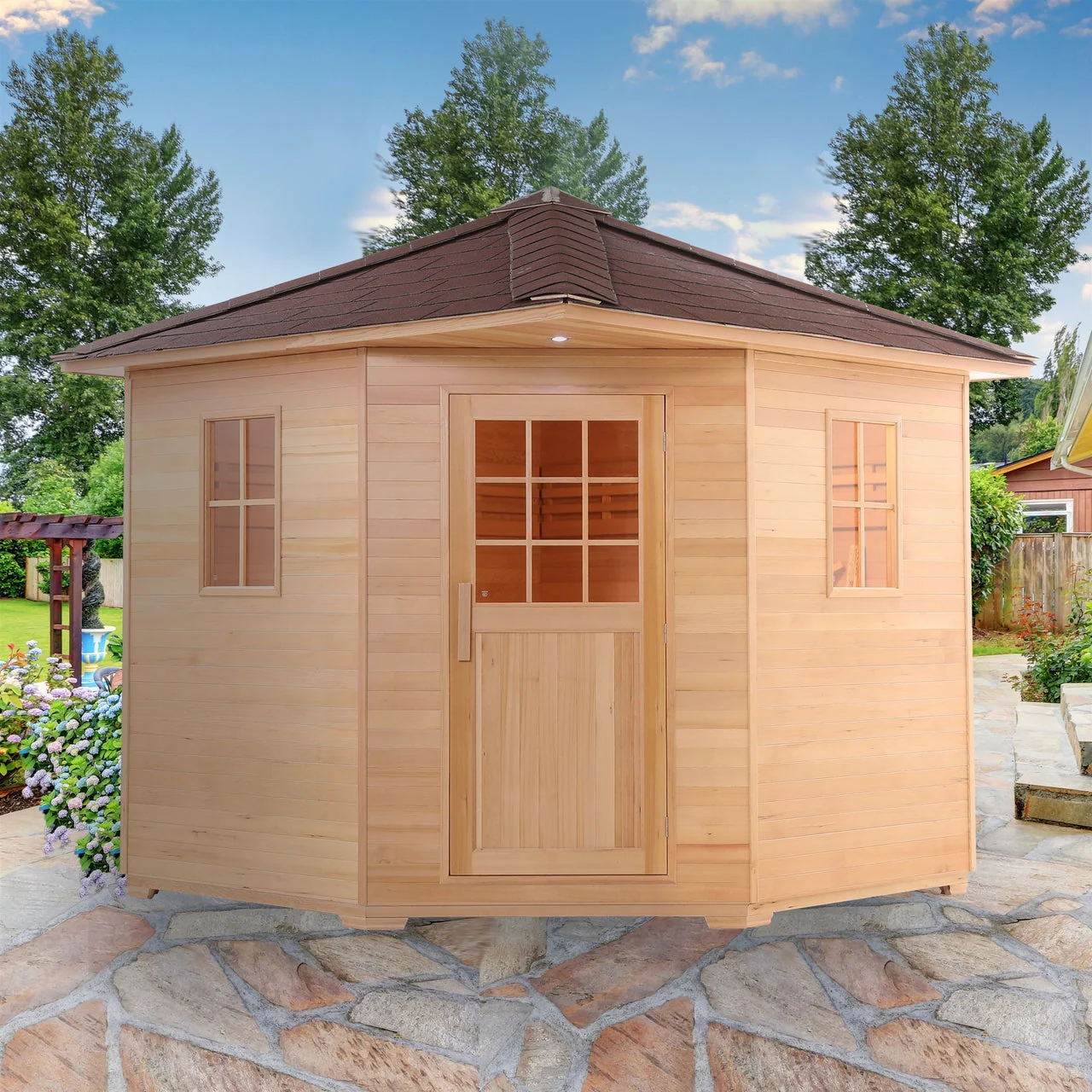 Aleko Canadian Hemlock Wet Dry Outdoor Sauna with Asphalt Roof - 6 kW ETL Certified Heater - 5 Person - Image 6