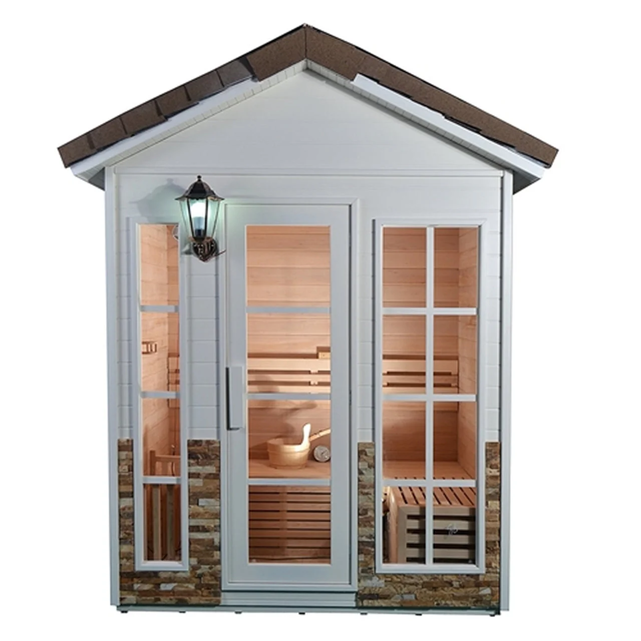 Aleko CED6PORI Outdoor Canadian Red Cedar Wet Dry Sauna - 6 Person - 6 kW ETL Electrical Heater - Stone Finish