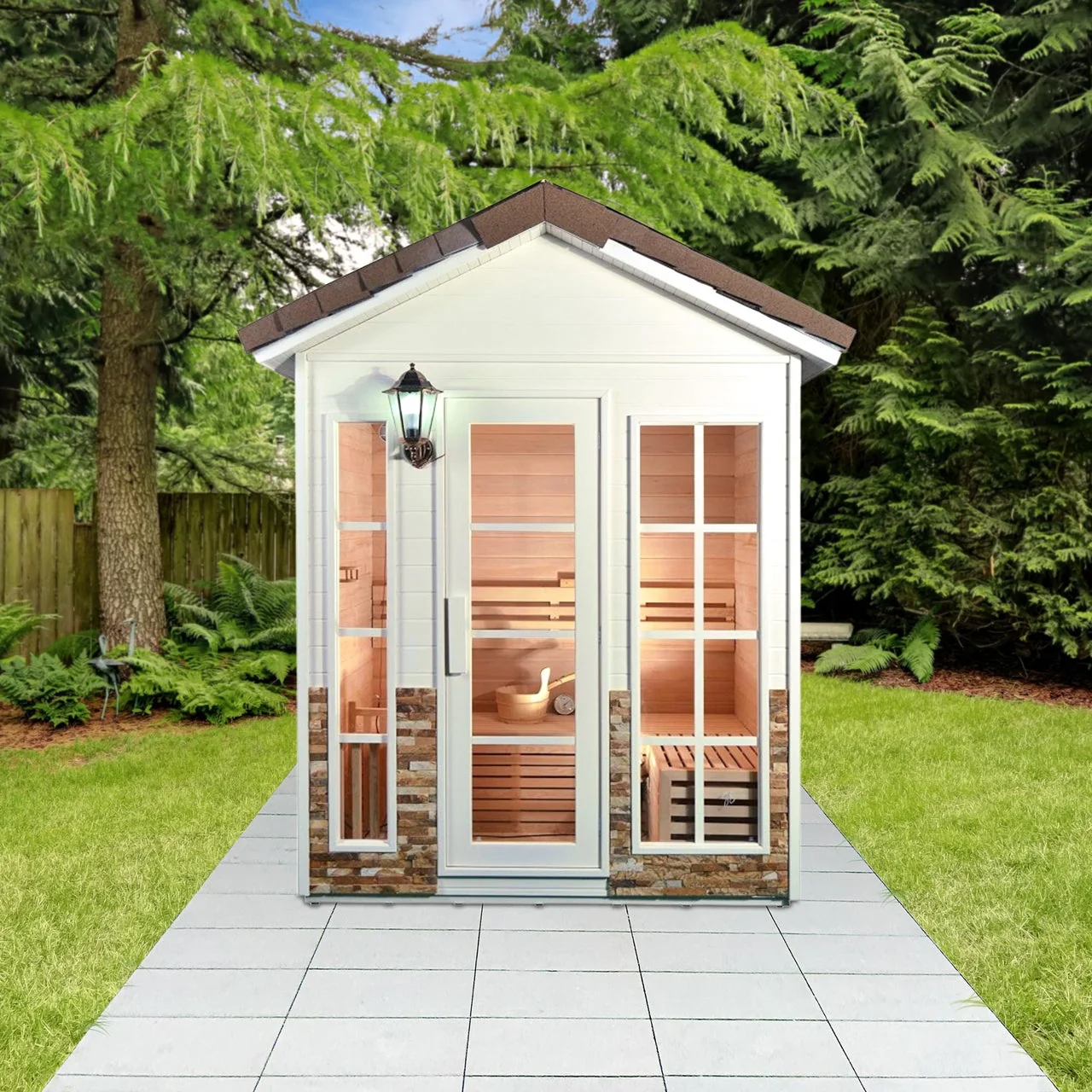 Aleko CED6PORI Outdoor Canadian Red Cedar Wet Dry Sauna - 6 Person - 6 kW ETL Electrical Heater - Stone Finish - Image 6