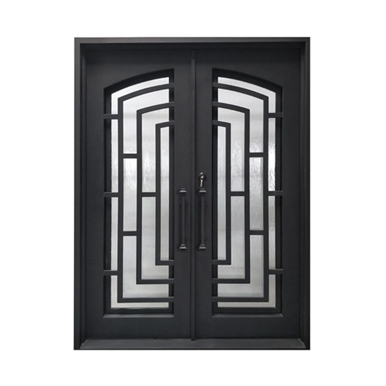 Aleko Doors Iron Square Top Modern Dual Door with Frame and Threshold - 96 x 72 x 6 Inches - Matte Black