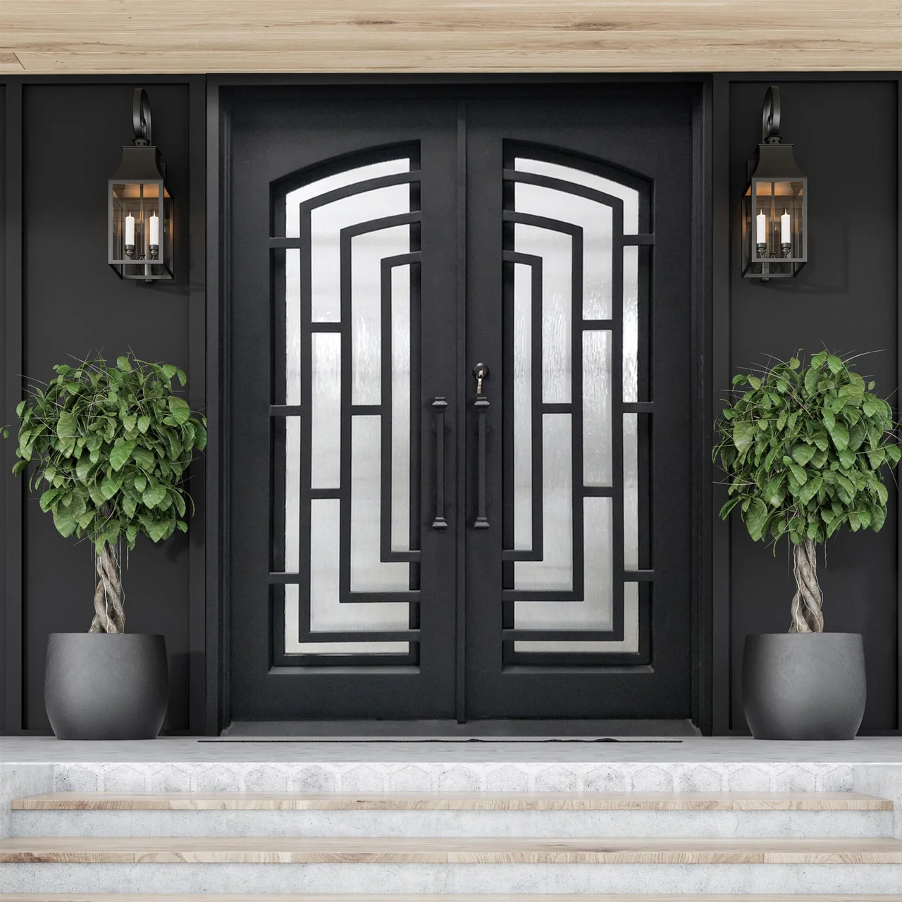 Aleko Doors Iron Square Top Modern Dual Door with Frame and Threshold - 96 x 72 x 6 Inches - Matte Black - Image 2