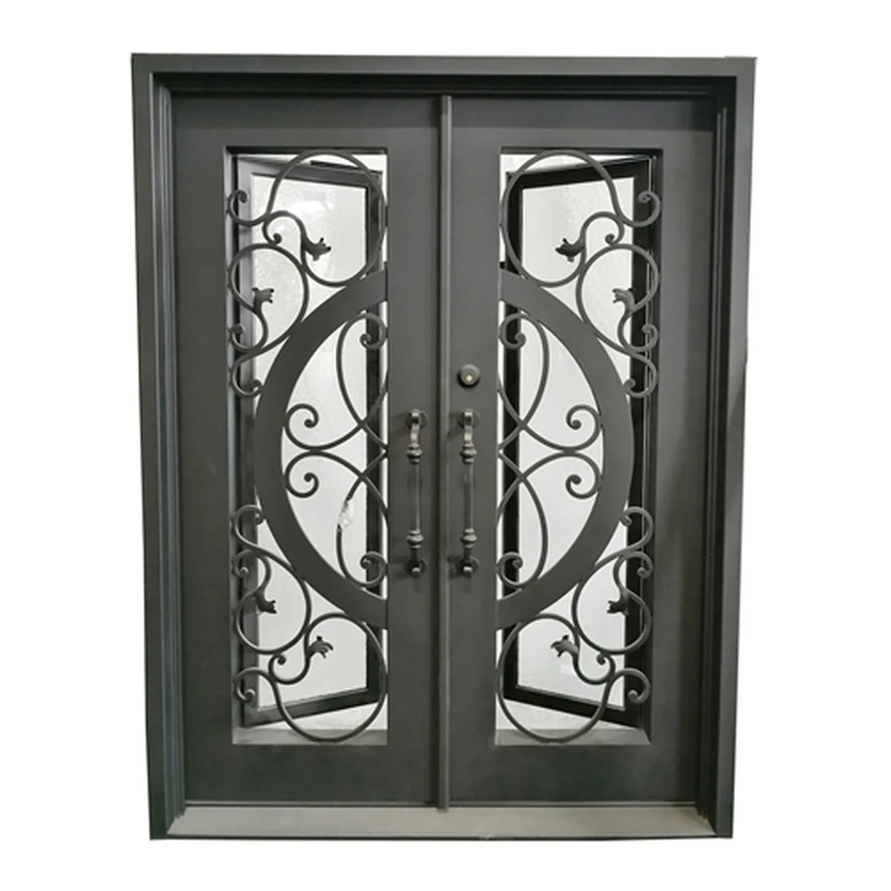 Aleko Doors Iron Vine and Curve Dual Door with Square Top Frame and Threshold - 81 x 62 x 6 Inches - Matte Black