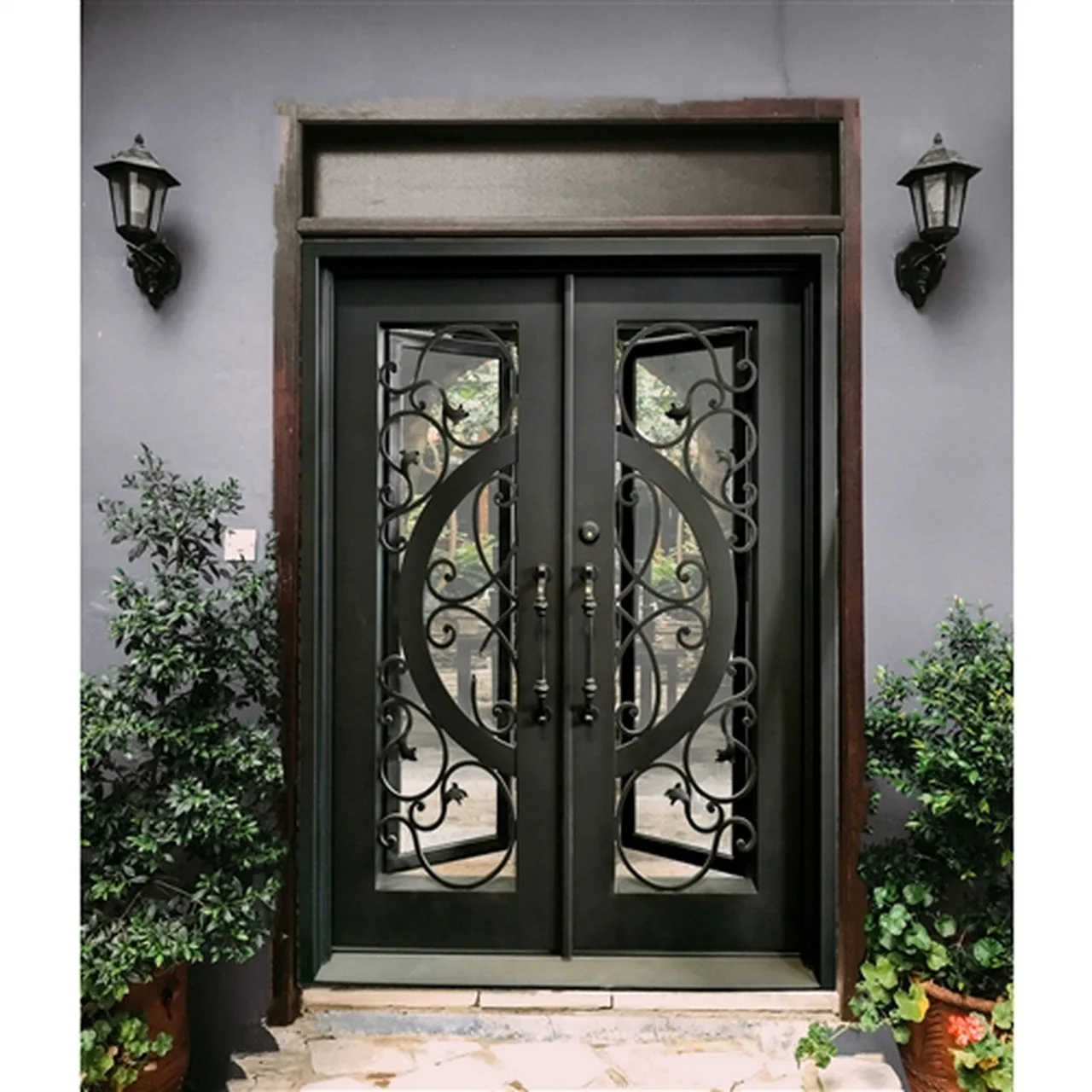 Aleko Doors Iron Vine and Curve Dual Door with Square Top Frame and Threshold - 81 x 62 x 6 Inches - Matte Black - Image 3