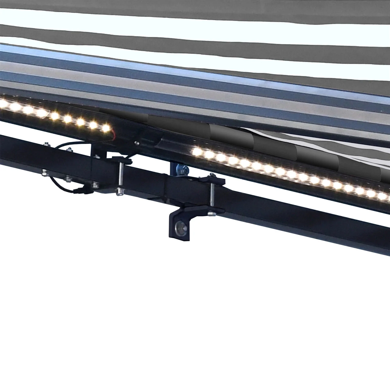 Aleko Half Cassette Motorized Retractable LED Luxury Patio Awning - 10 x 8 Feet - Gray and White Stripes - Image 5