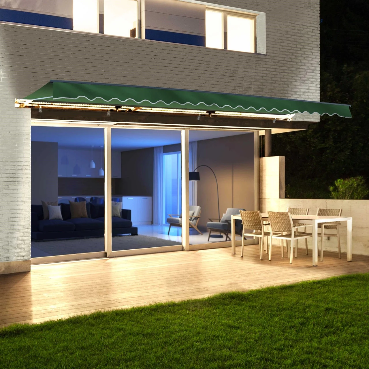 Aleko Half Cassette Motorized Retractable LED Luxury Patio Awning - 12 x 10 Feet - Green