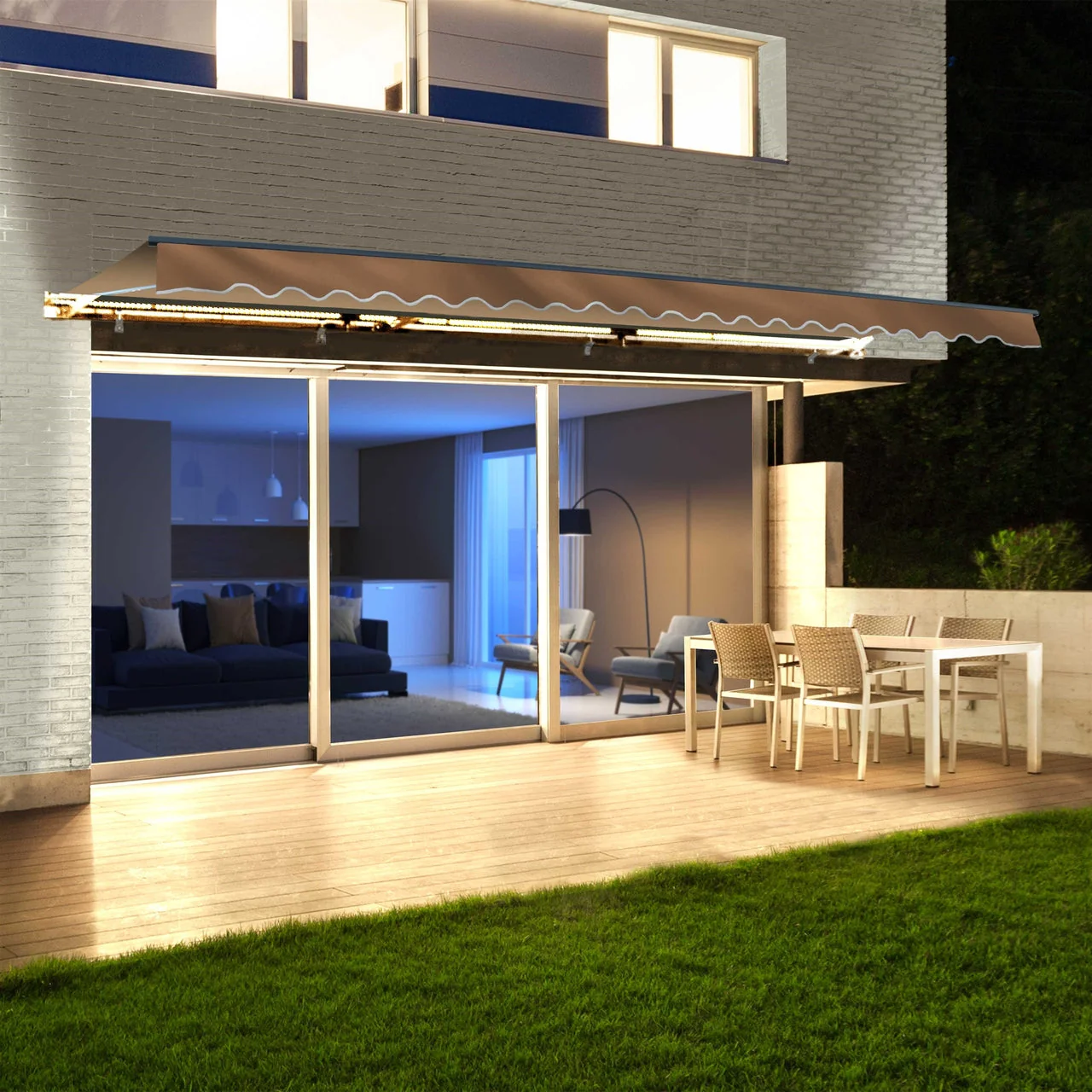 Aleko Half Cassette Motorized Retractable LED Luxury Patio Awning - 12 x 10 Feet - Sand
