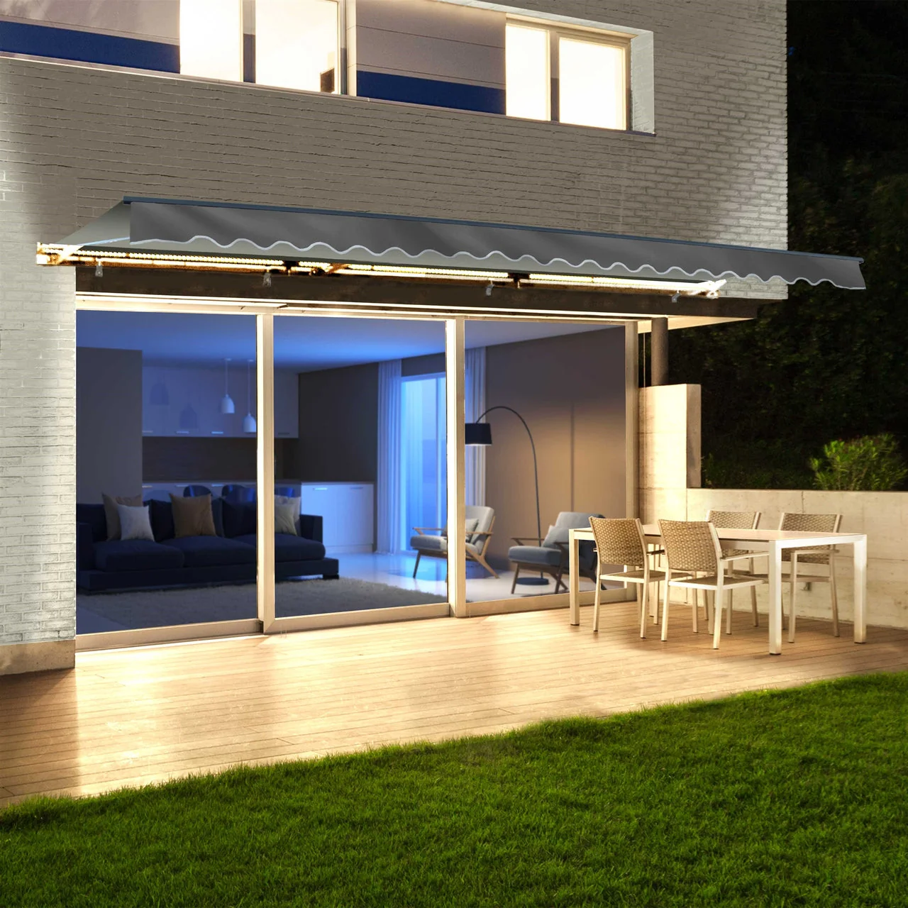 Aleko Half Cassette Motorized Retractable LED Luxury Patio Awning - 13 x 10 Feet - Gray