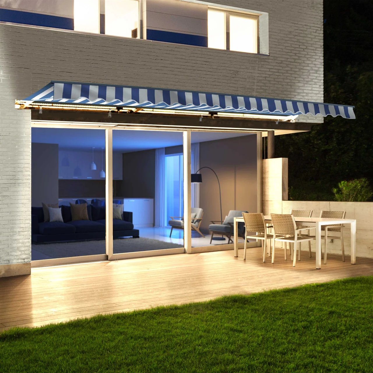 Aleko Half Cassette Motorized Retractable LED Luxury Patio Awning - 20 x 10 Feet - Blue and White Stripes