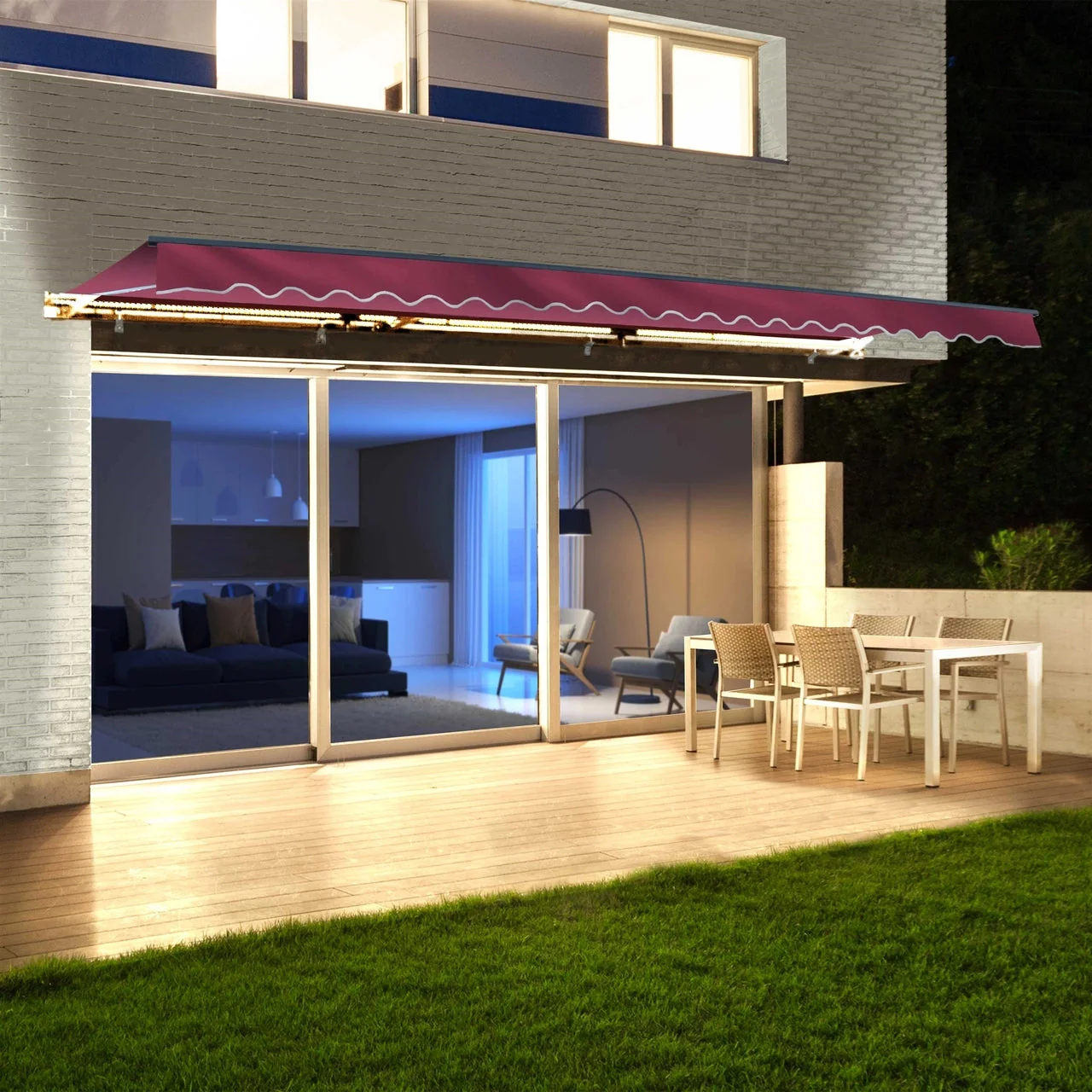 Aleko Half Cassette Motorized Retractable LED Luxury Patio Awning - 20 x 10 Feet - Burgundy