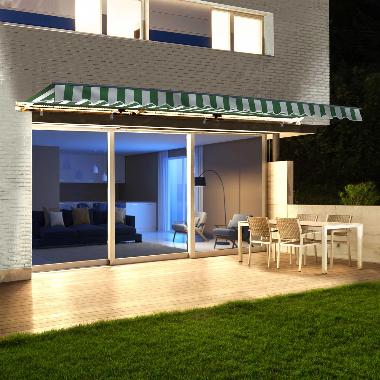 Aleko Half Cassette Motorized Retractable LED Luxury Patio Awning - 20 x 10 Feet - Green and White Stripes