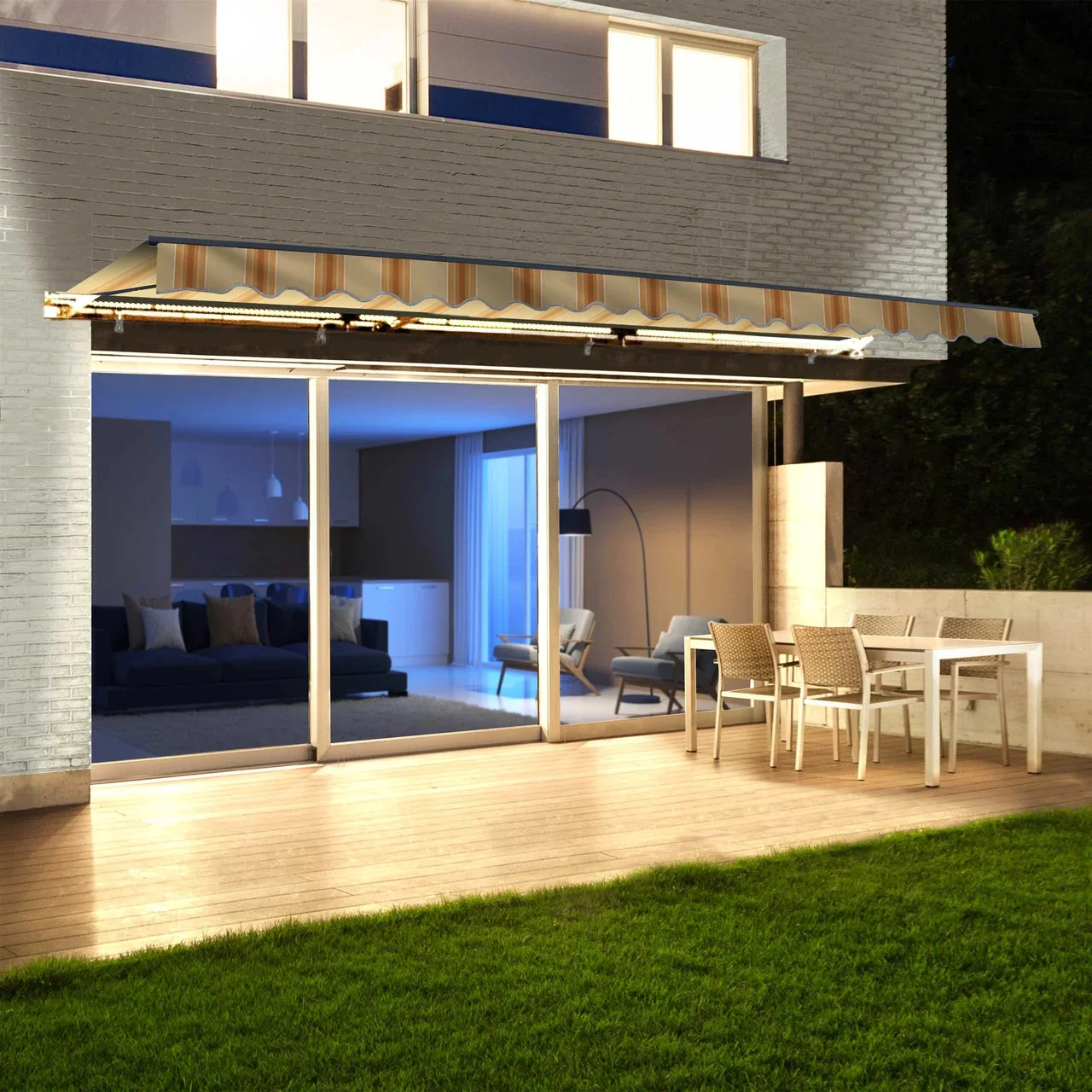 Aleko Half Cassette Motorized Retractable LED Luxury Patio Awning - 20 x 10 Feet - Multi-Striped Yellow