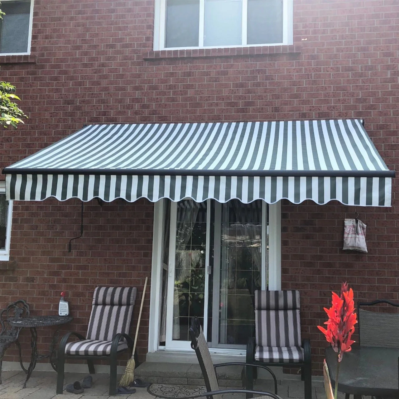Aleko Motorized Retractable Black Frame Patio Awning 20 x 10 Feet - Gray and White Stripes - Image 8