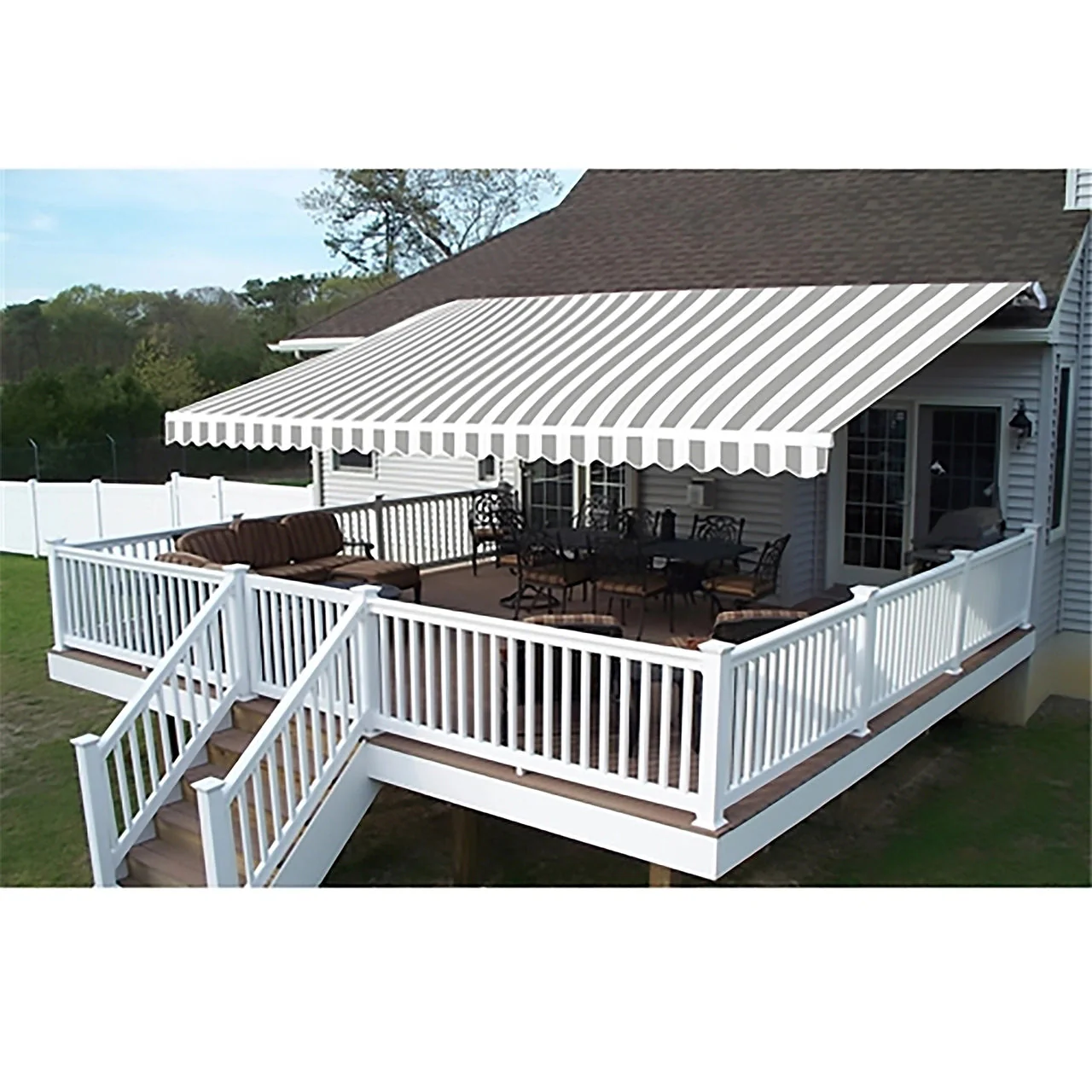 Aleko Motorized Retractable White Frame Patio Awning - 10 x 8 Feet - Gray and White Striped - Image 2