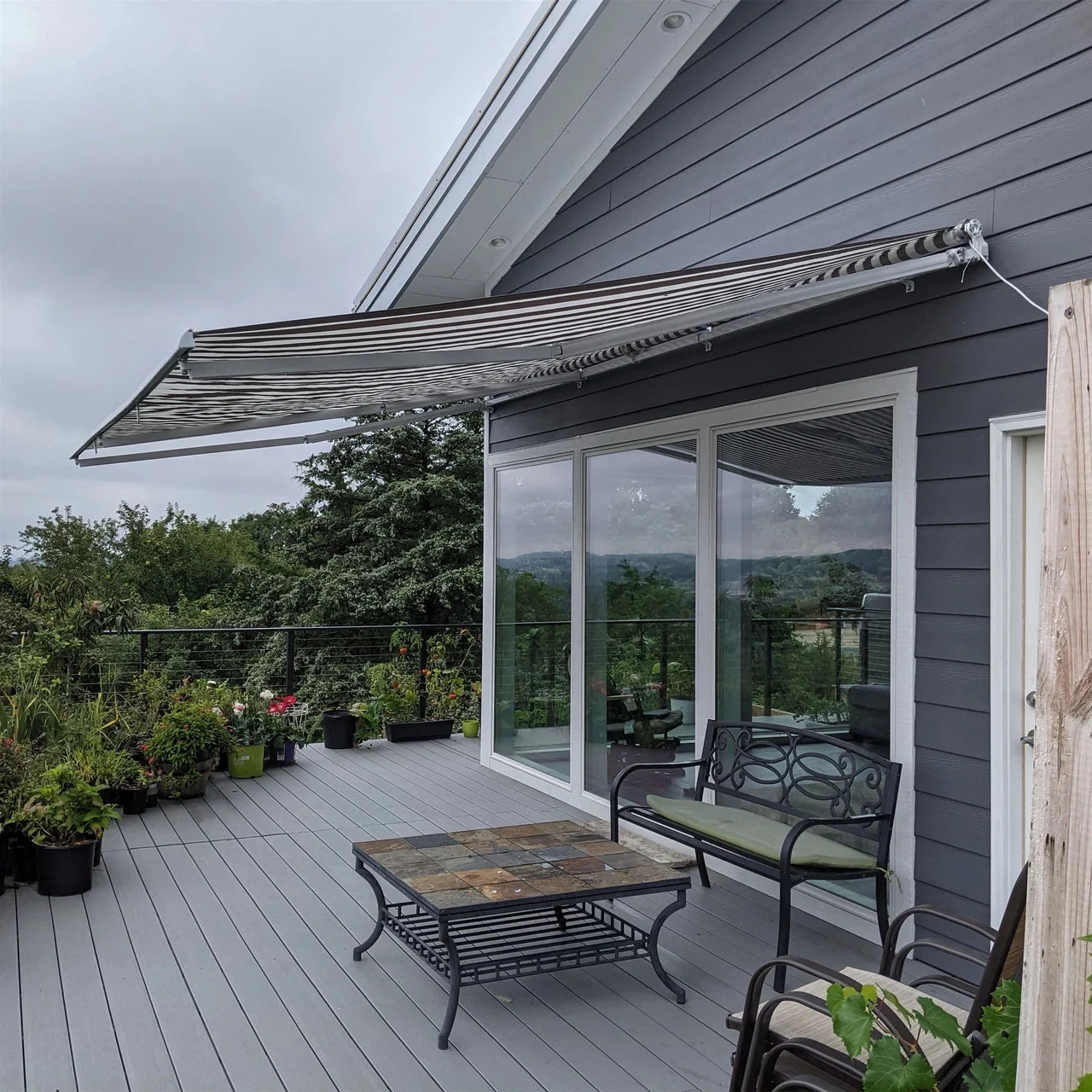 Aleko Motorized Retractable White Frame Patio Awning - 10 x 8 Feet - Gray and White Striped - Image 4