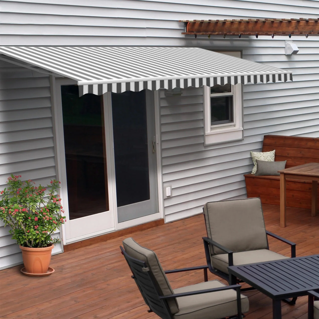 Aleko Motorized Retractable White Frame Patio Awning - 16 x 10 Feet - Gray and White Striped