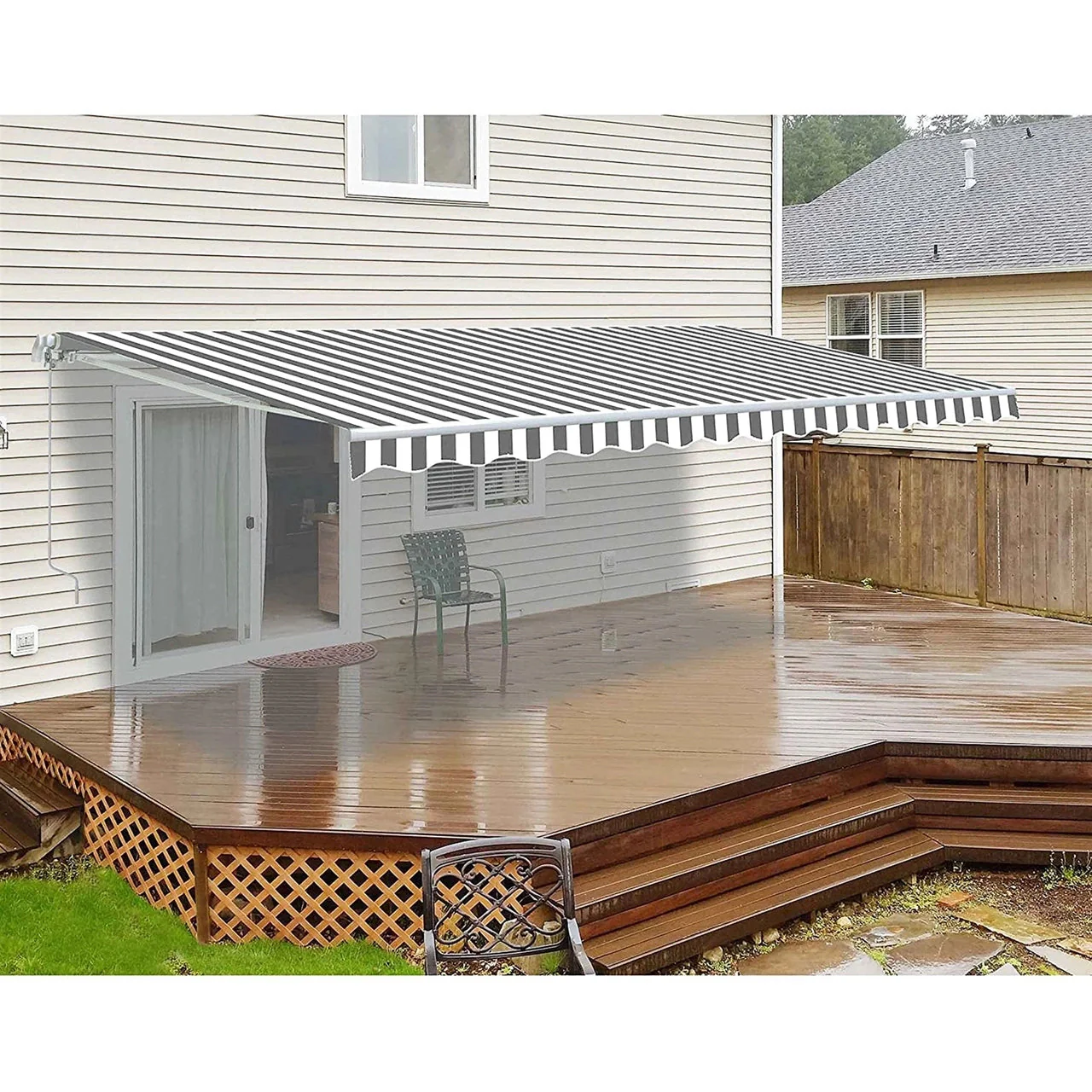 Aleko Motorized Retractable White Frame Patio Awning - 16 x 10 Feet - Gray and White Striped - Image 2