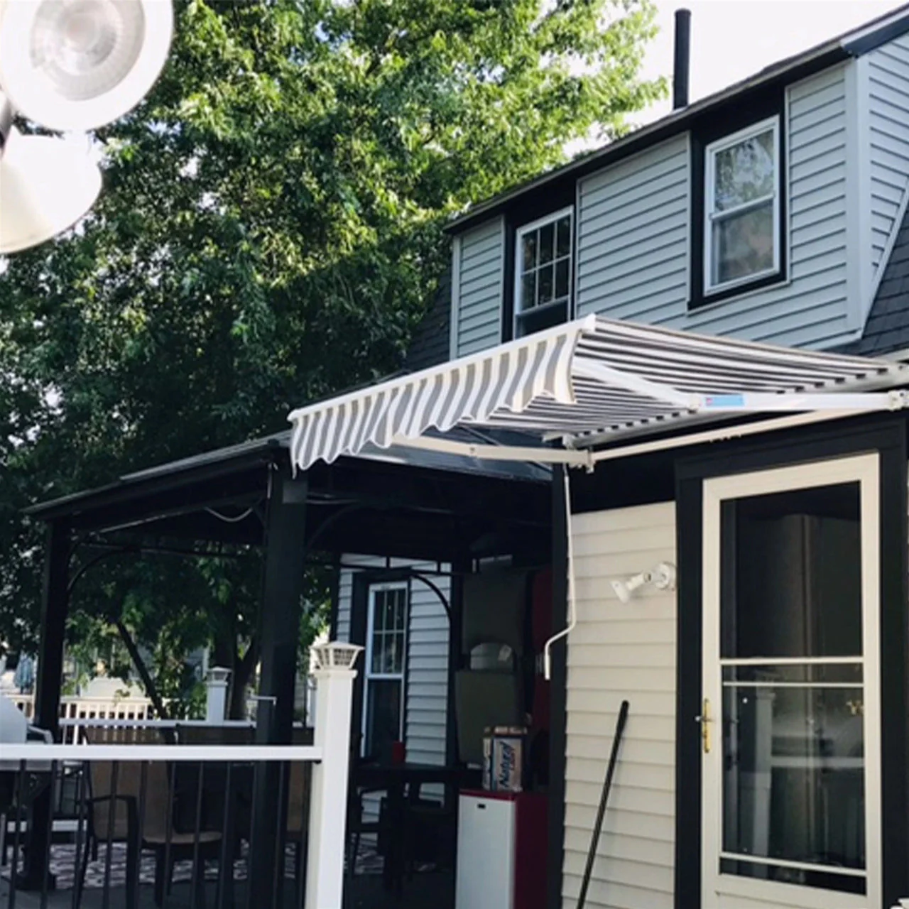 Aleko Motorized Retractable White Frame Patio Awning - 16 x 10 Feet - Gray and White Striped - Image 7