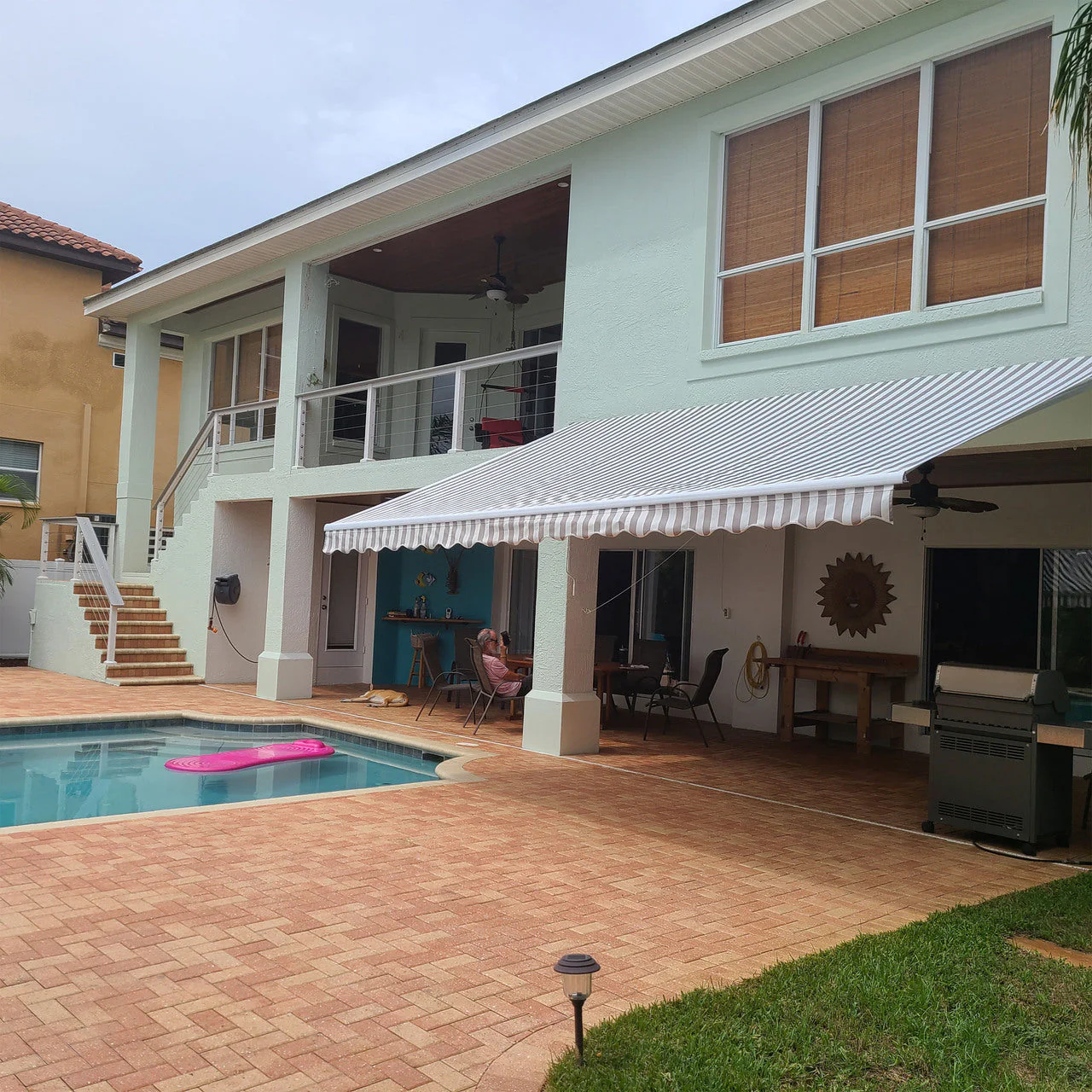 Aleko Motorized Retractable White Frame Patio Awning - 20 x 10 Feet - Gray and White Striped - Image 8