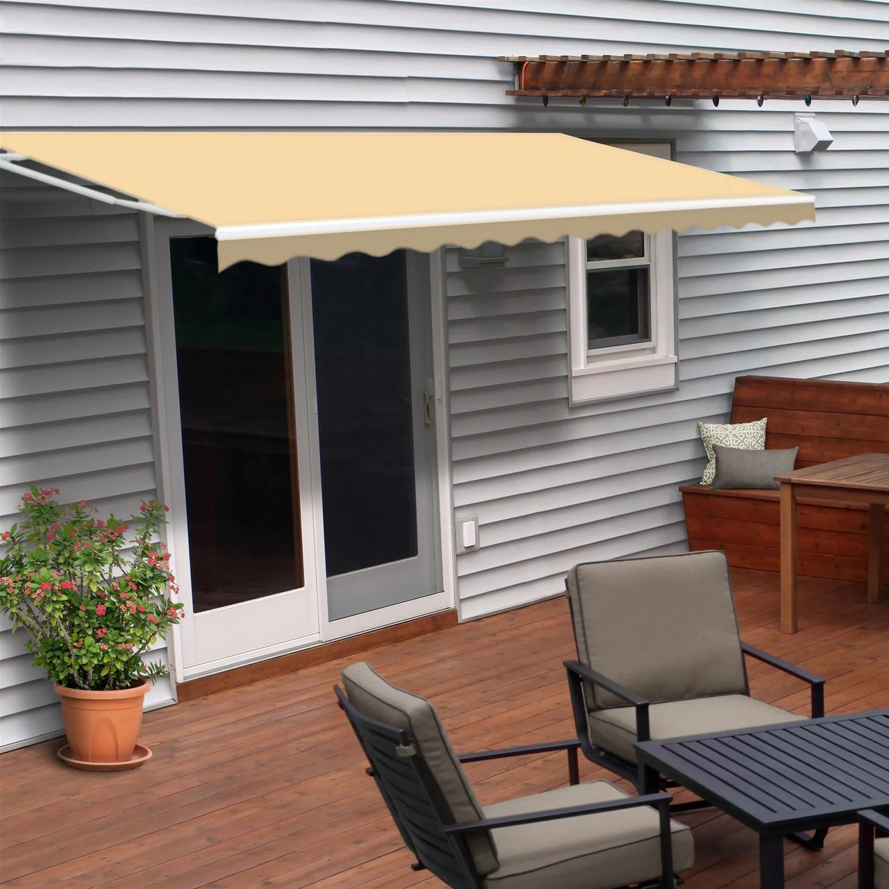 Aleko Motorized Retractable White Frame Patio Awning - 20 x 10 Feet - Ivory