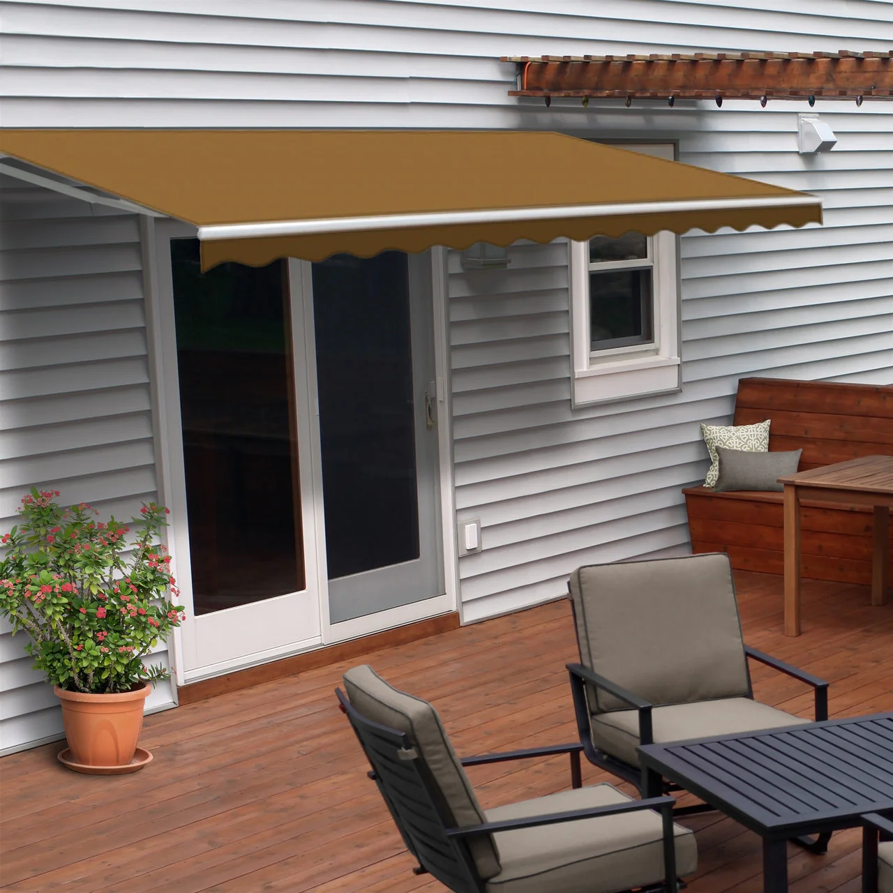Aleko Motorized Retractable White Frame Patio Awning - 20 x 10 Feet - Sand
