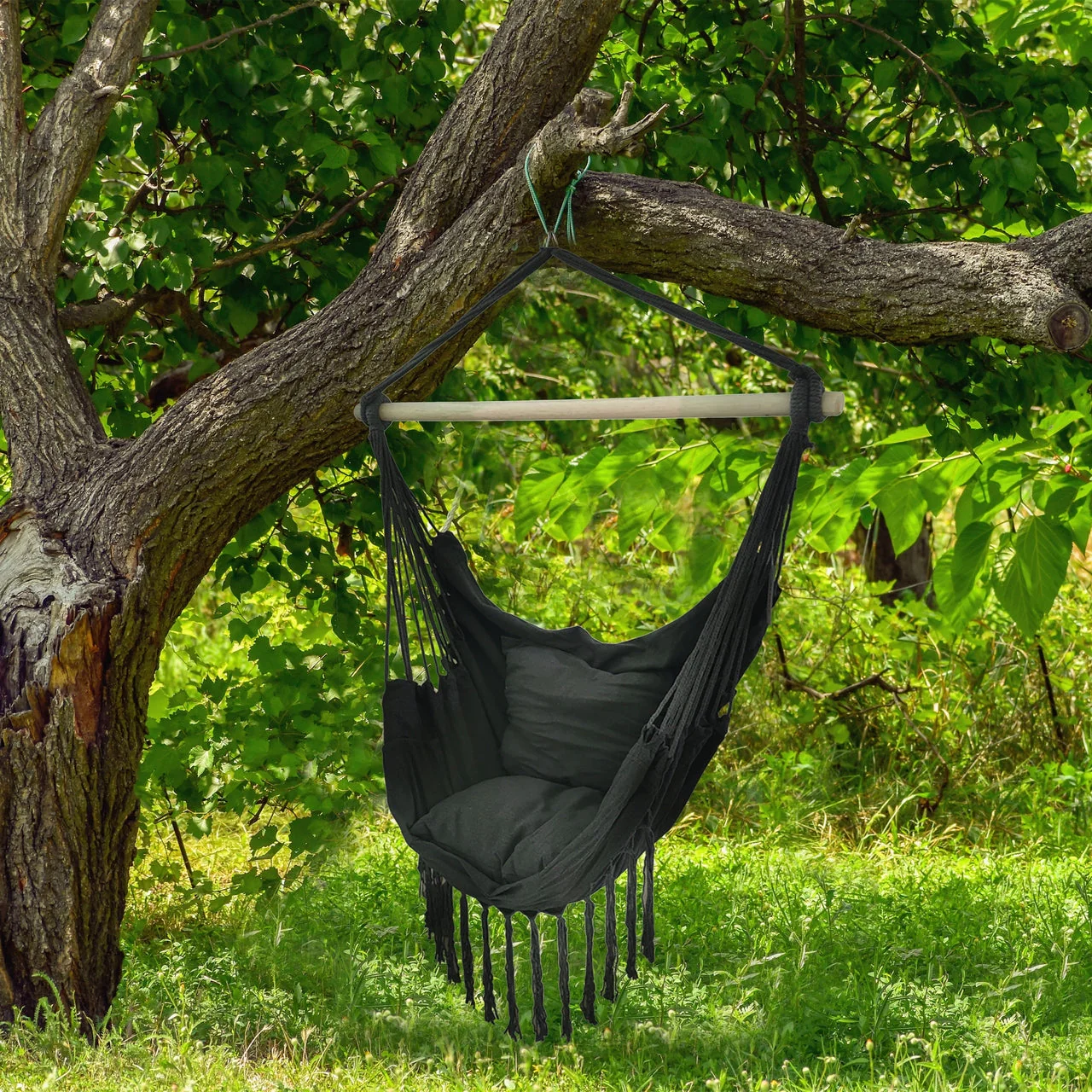 Aleko Outdoor furniture Hanging Rope Swing Hammock Chair with Side Pocket and Wooden Spreader Bar - Gray - Image 11