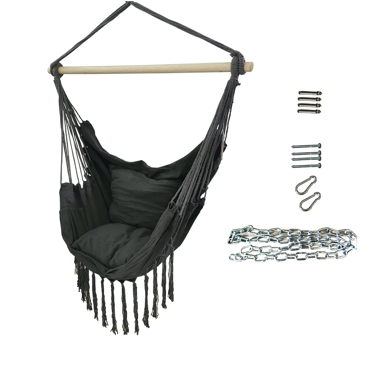 Aleko Outdoor furniture Hanging Rope Swing Hammock Chair with Side Pocket and Wooden Spreader Bar - Gray - Image 6
