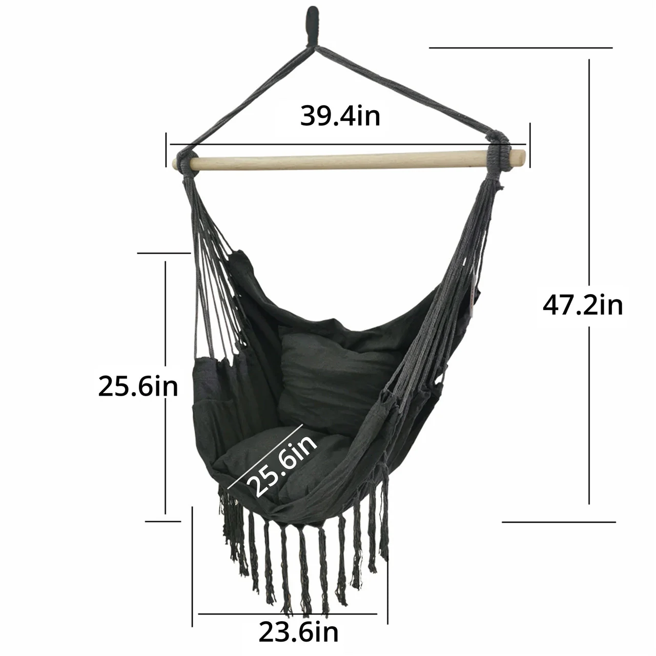 Aleko Outdoor furniture Hanging Rope Swing Hammock Chair with Side Pocket and Wooden Spreader Bar - Gray - Image 7