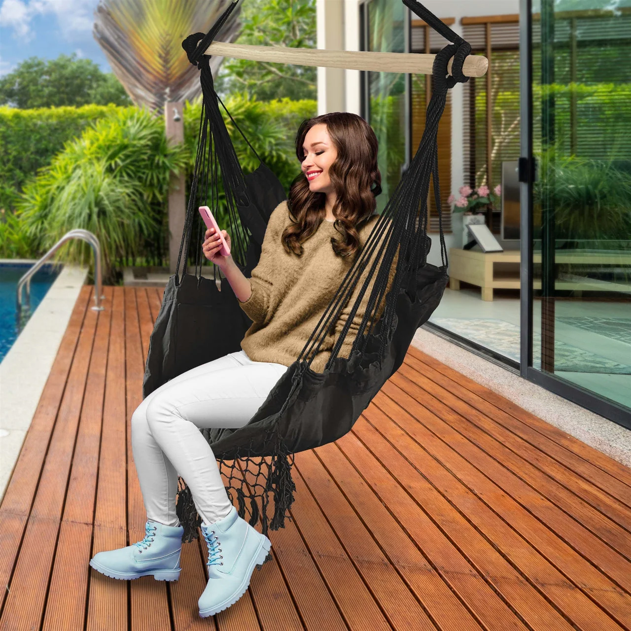 Aleko Outdoor furniture Hanging Rope Swing Hammock Chair with Side Pocket and Wooden Spreader Bar - Gray - Image 9
