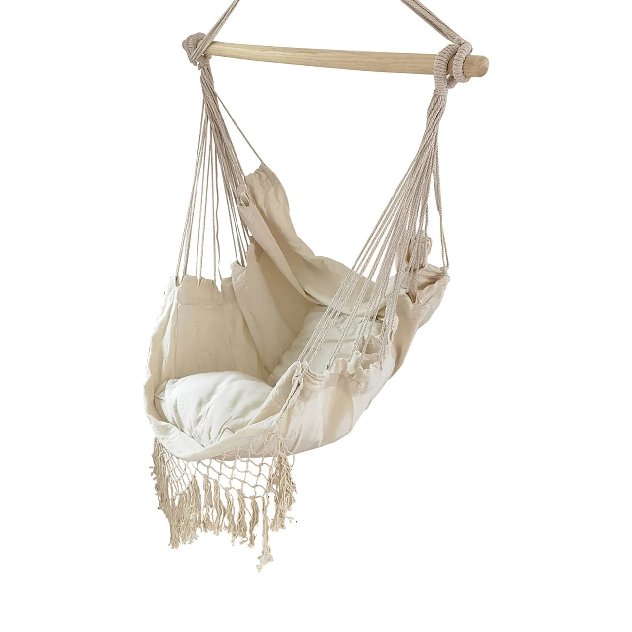 Aleko Outdoor furniture Hanging Rope Swing Hammock Chair with Side Pocket and Wooden Spreader Bar - Ivory - Image 2