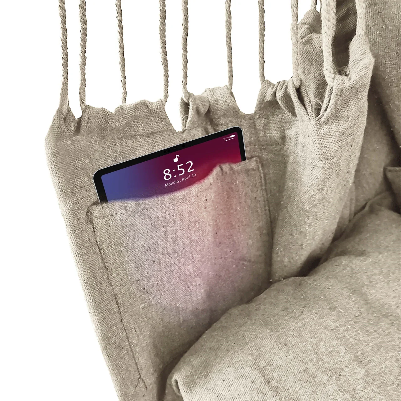 Aleko Outdoor furniture Hanging Rope Swing Hammock Chair with Side Pocket and Wooden Spreader Bar - Ivory - Image 5