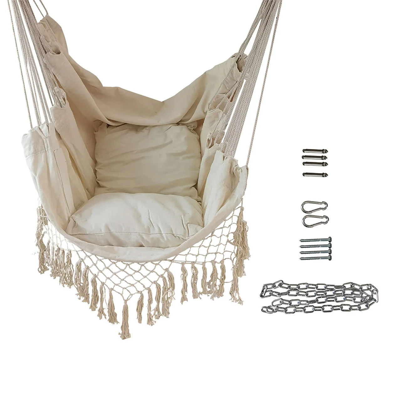 Aleko Outdoor furniture Hanging Rope Swing Hammock Chair with Side Pocket and Wooden Spreader Bar - Ivory - Image 6