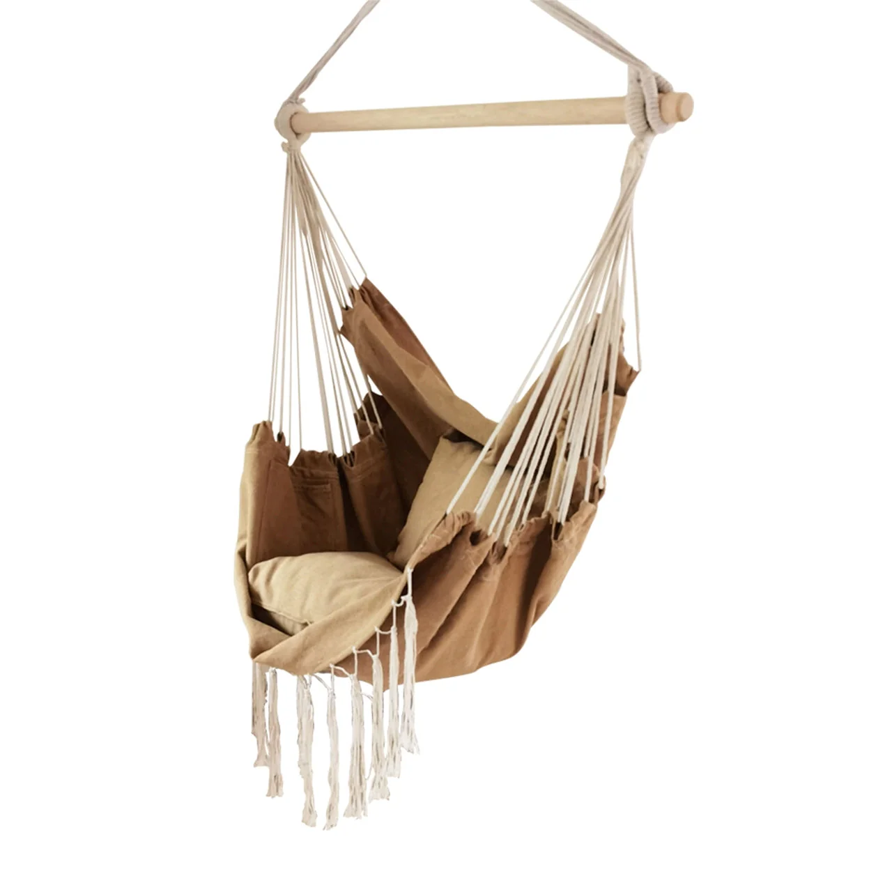 Aleko Outdoor furniture Hanging Rope Swing Hammock Chair with Side Pocket and Wooden Spreader Bar - Khaki - Image 2