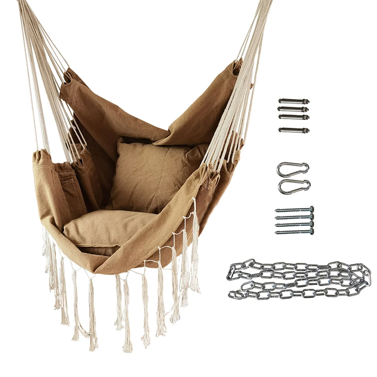 Aleko Outdoor furniture Hanging Rope Swing Hammock Chair with Side Pocket and Wooden Spreader Bar - Khaki - Image 6
