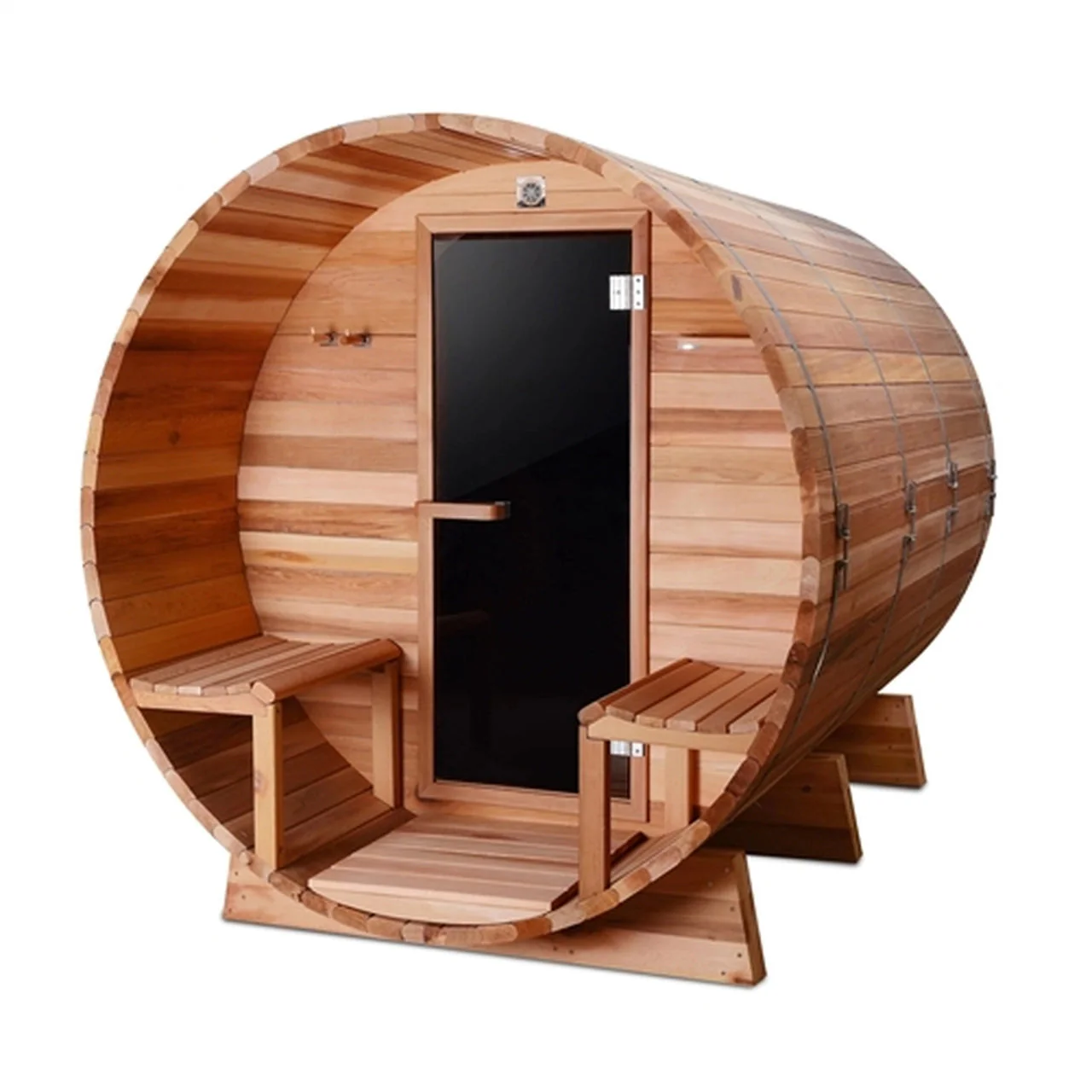 Aleko Outdoor or Indoor Western Red Cedar Wet Dry Barrel Sauna - Front Porch Canopy - 9 kW ETL Certified Heater - 8 Person