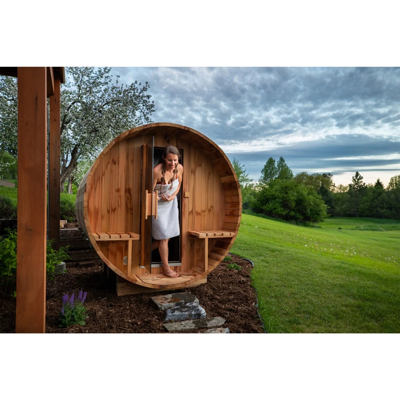 Aleko Outdoor or Indoor Western Red Cedar Wet Dry Barrel Sauna - Front Porch Canopy - 9 kW ETL Certified Heater - 8 Person - Image 12