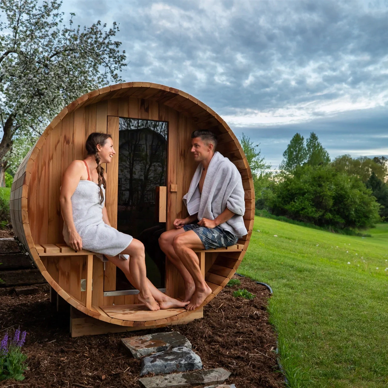 Aleko Outdoor or Indoor Western Red Cedar Wet Dry Barrel Sauna - Front Porch Canopy - 9 kW ETL Certified Heater - 8 Person - Image 14