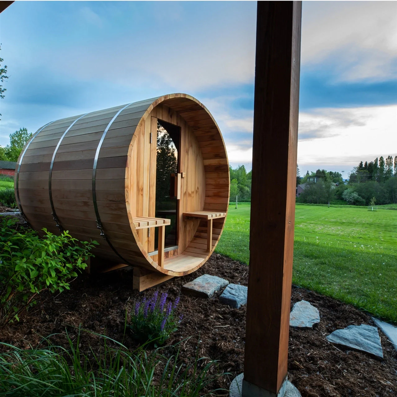 Aleko Outdoor or Indoor Western Red Cedar Wet Dry Barrel Sauna - Front Porch Canopy - 9 kW ETL Certified Heater - 8 Person - Image 16