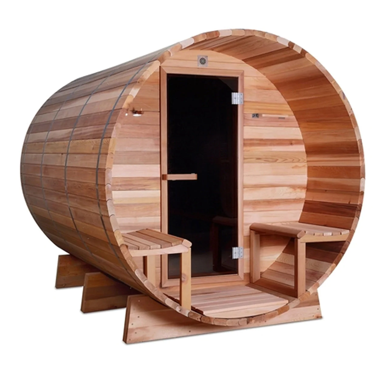 Aleko Outdoor or Indoor Western Red Cedar Wet Dry Barrel Sauna - Front Porch Canopy - 9 kW ETL Certified Heater - 8 Person - Image 3
