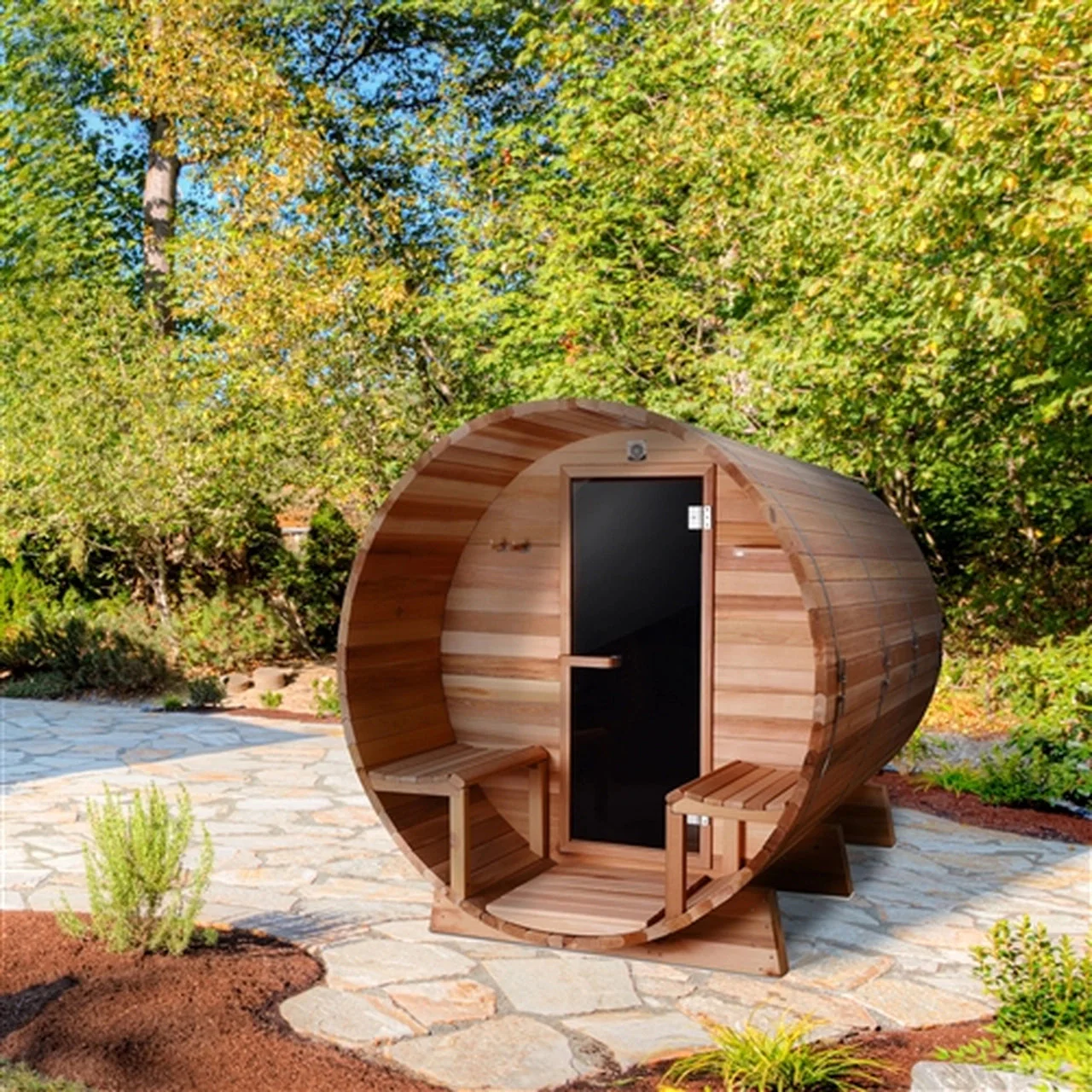 Aleko Outdoor or Indoor Western Red Cedar Wet Dry Barrel Sauna - Front Porch Canopy - 9 kW ETL Certified Heater - 8 Person - Image 4