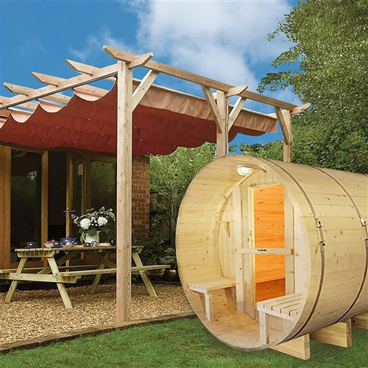Aleko Outdoor or Indoor White Finland Pine Wet Dry Barrel Sauna - Front Porch Canopy - 9 kW ETL Certified Heater - 6 to 8 Person - Image 19