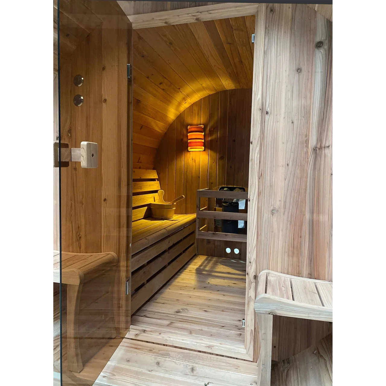 Aleko Outdoor Rustic Cedar Barrel Steam Sauna - Front Porch Canopy - ETL Certified - 2 to 4 Person - Image 5