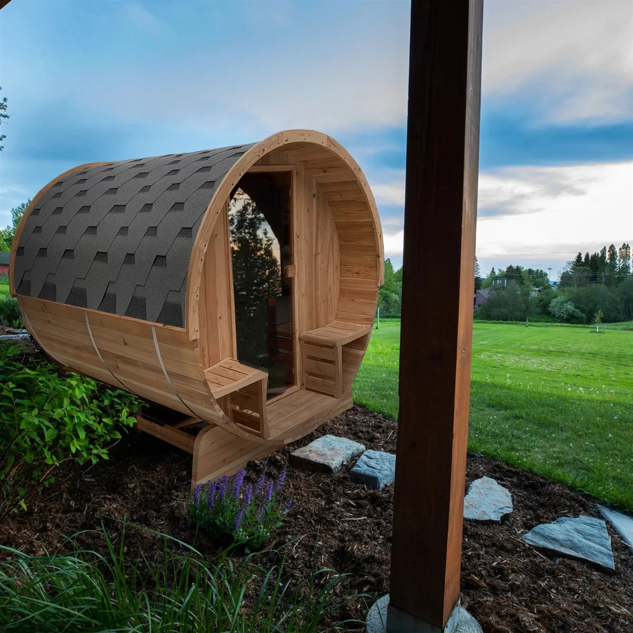Aleko Outdoor Rustic Cedar Barrel Steam Sauna - Front Porch Canopy - ETL Certified - 2 to 4 Person - Image 7