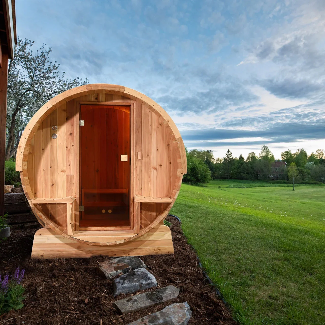 Aleko Outdoor Rustic Cedar Barrel Steam Sauna - Front Porch Canopy - ETL Certified - 5 to 6 Person - Image 4