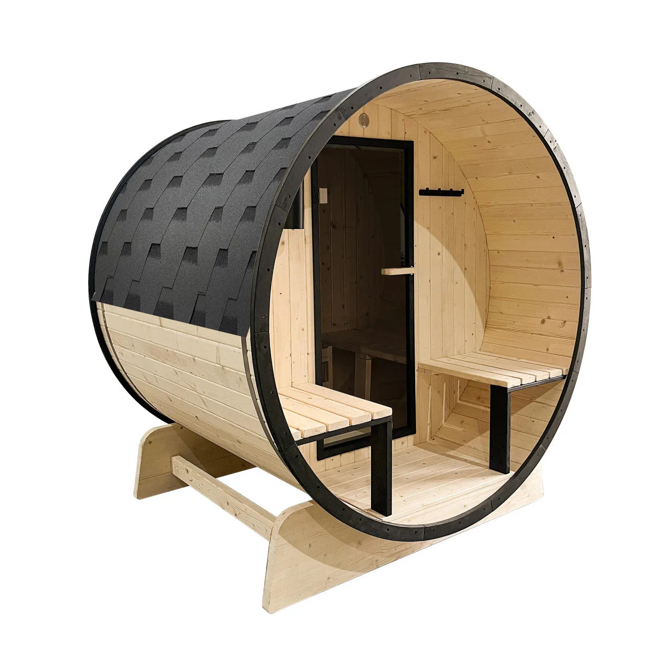 Aleko Outdoor White Finland Pine Traditional Barrel Sauna with Black Accents & Front Porch Canopy - 2-4 Person Capacity
