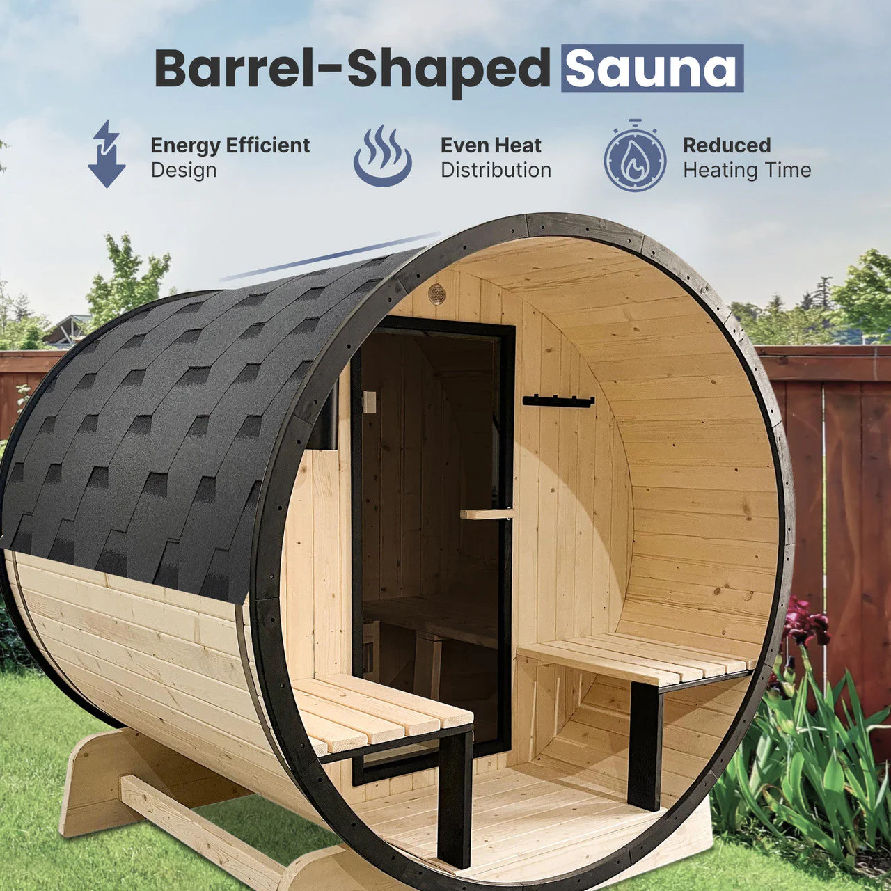 Aleko Outdoor White Finland Pine Traditional Barrel Sauna with Black Accents & Front Porch Canopy - 2-4 Person Capacity - Image 10