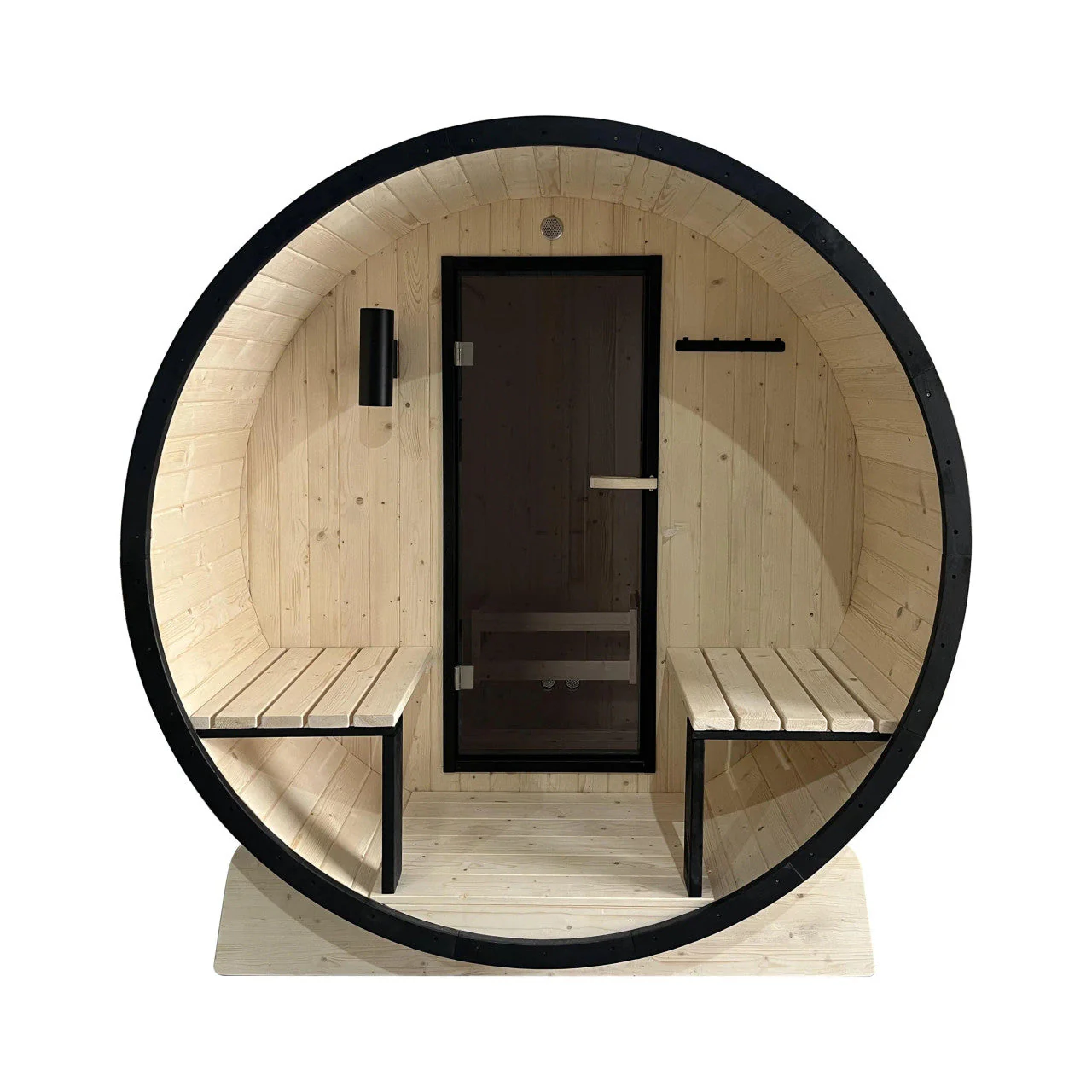 Aleko Outdoor White Finland Pine Traditional Barrel Sauna with Black Accents & Front Porch Canopy - 2-4 Person Capacity - Image 3