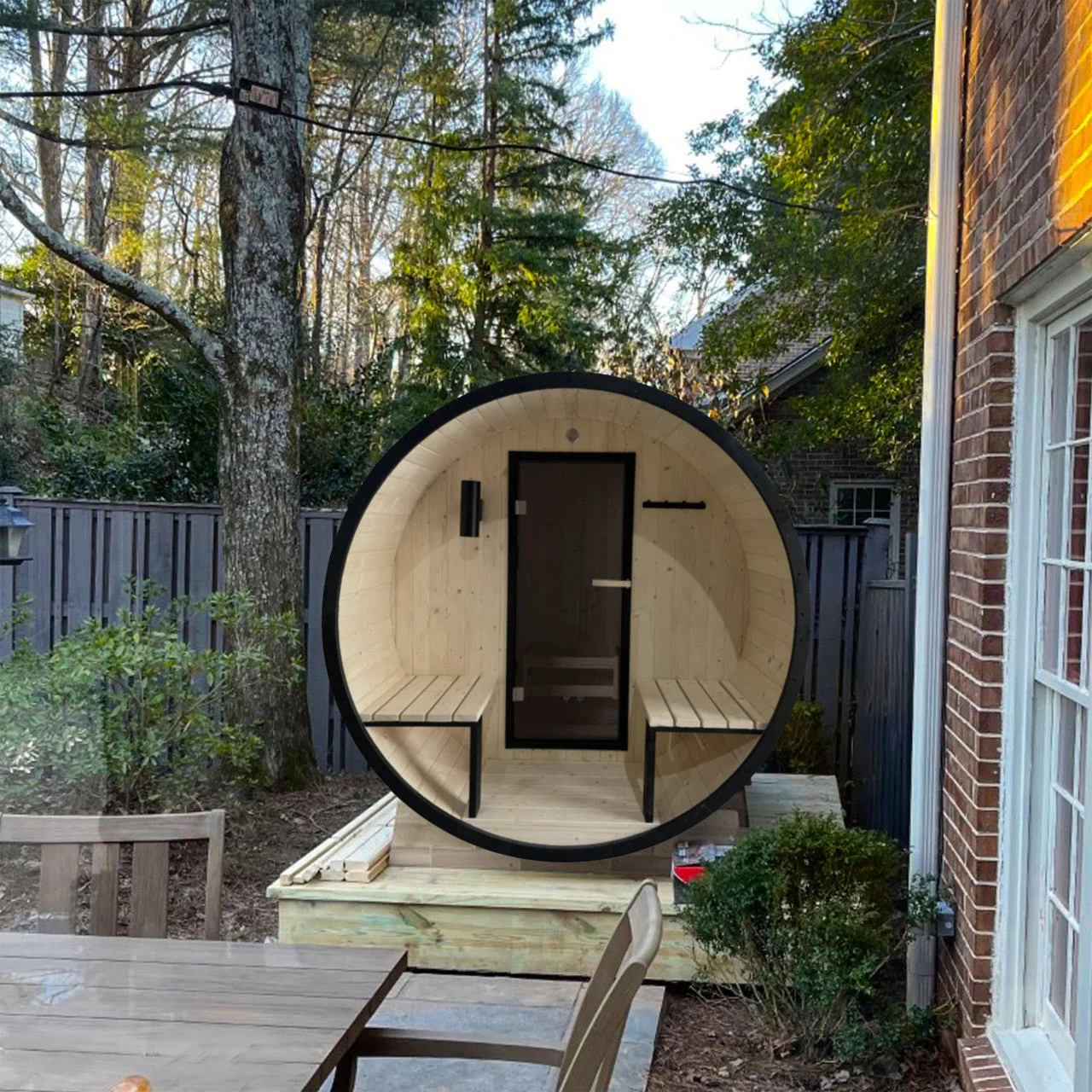 Aleko Outdoor White Finland Pine Traditional Barrel Sauna with Black Accents & Front Porch Canopy - 2-4 Person Capacity - Image 4