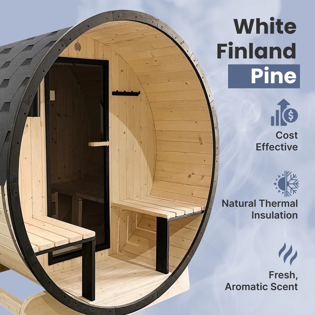 Aleko Outdoor White Finland Pine Traditional Barrel Sauna with Black Accents & Front Porch Canopy - 2-4 Person Capacity - Image 5